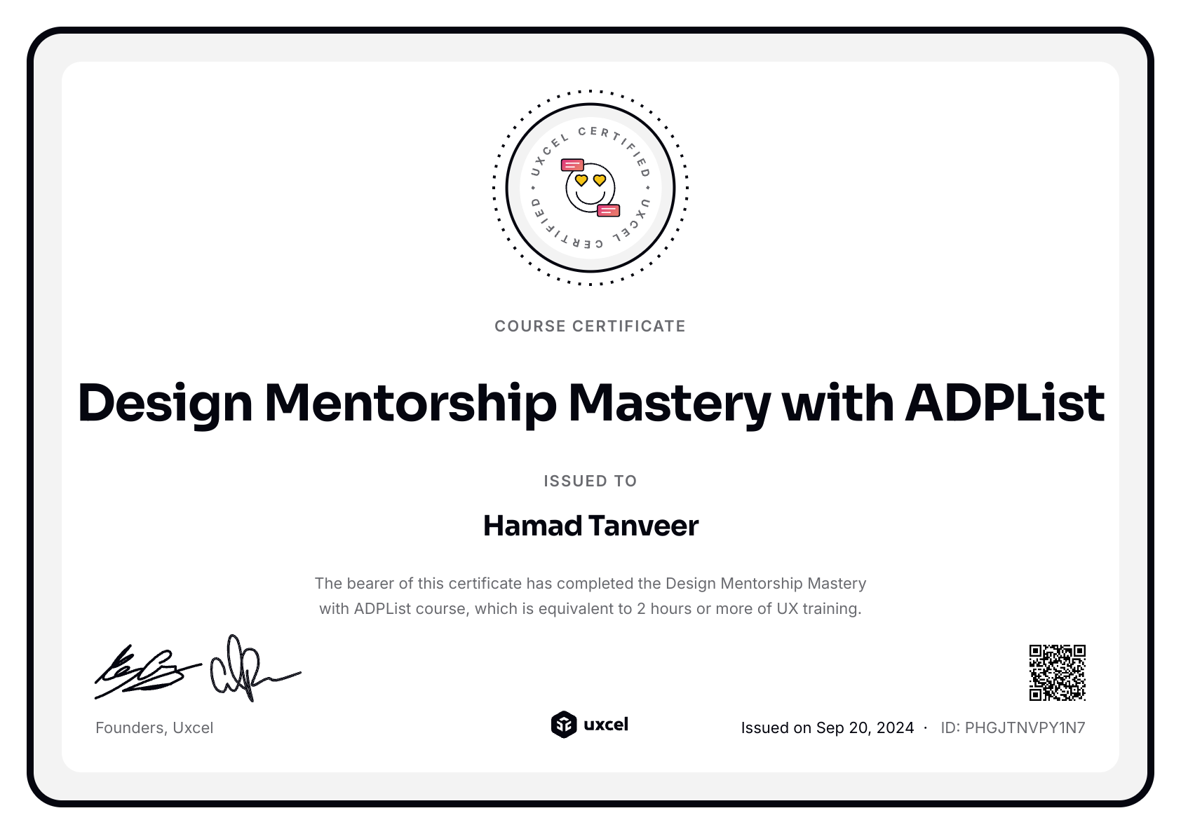 Hamad Tanveer's certificate